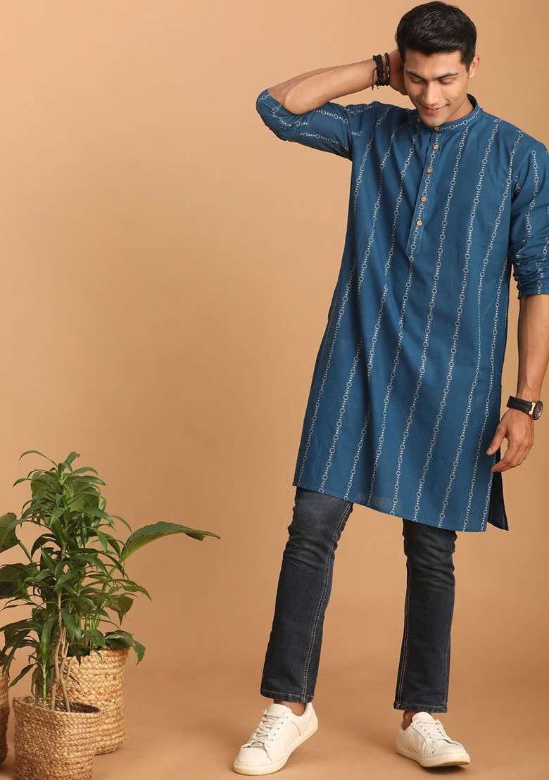 Blue Striped Poly Blend Kurta For Men - Indya
