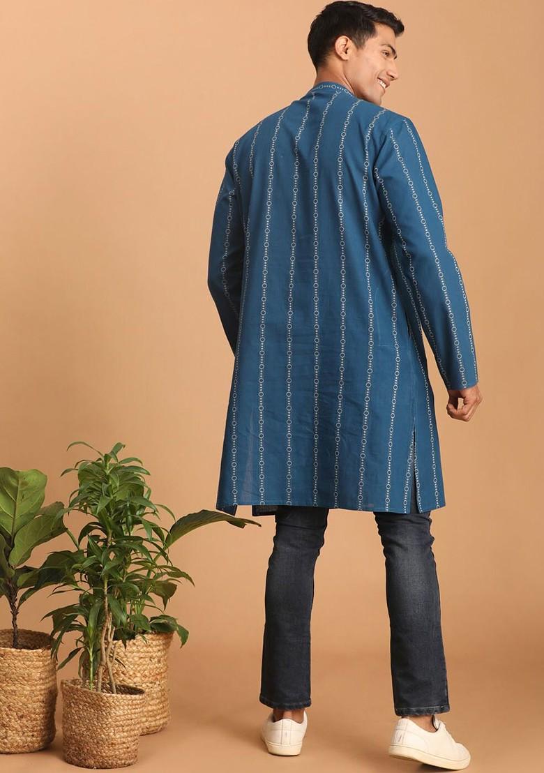 Blue Striped Poly Blend Kurta For Men