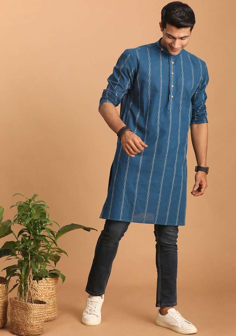 Blue Striped Poly Blend Kurta For Men - Indya