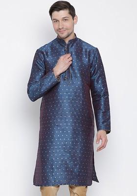 Blue Woven Poly Blend Kurta For Men