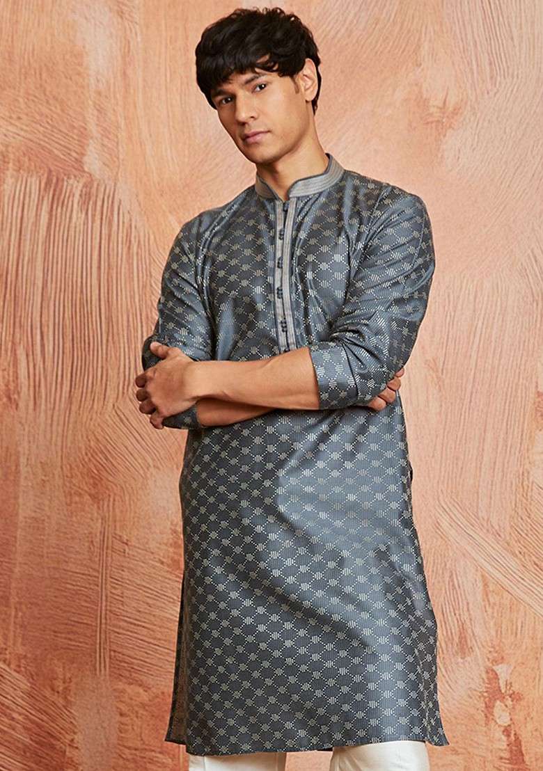 Grey Geometric Print Silk Blend Kurta For Men - Indya