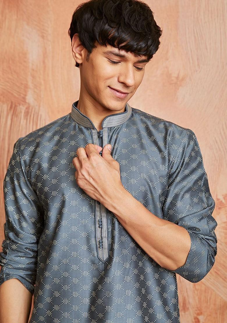 Grey Geometric Print Silk Kurta For Men