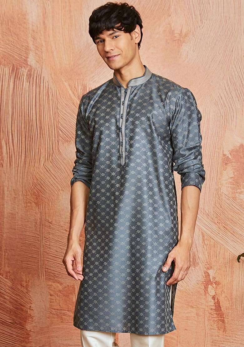 Grey Geometric Print Silk Blend Kurta For Men - Indya