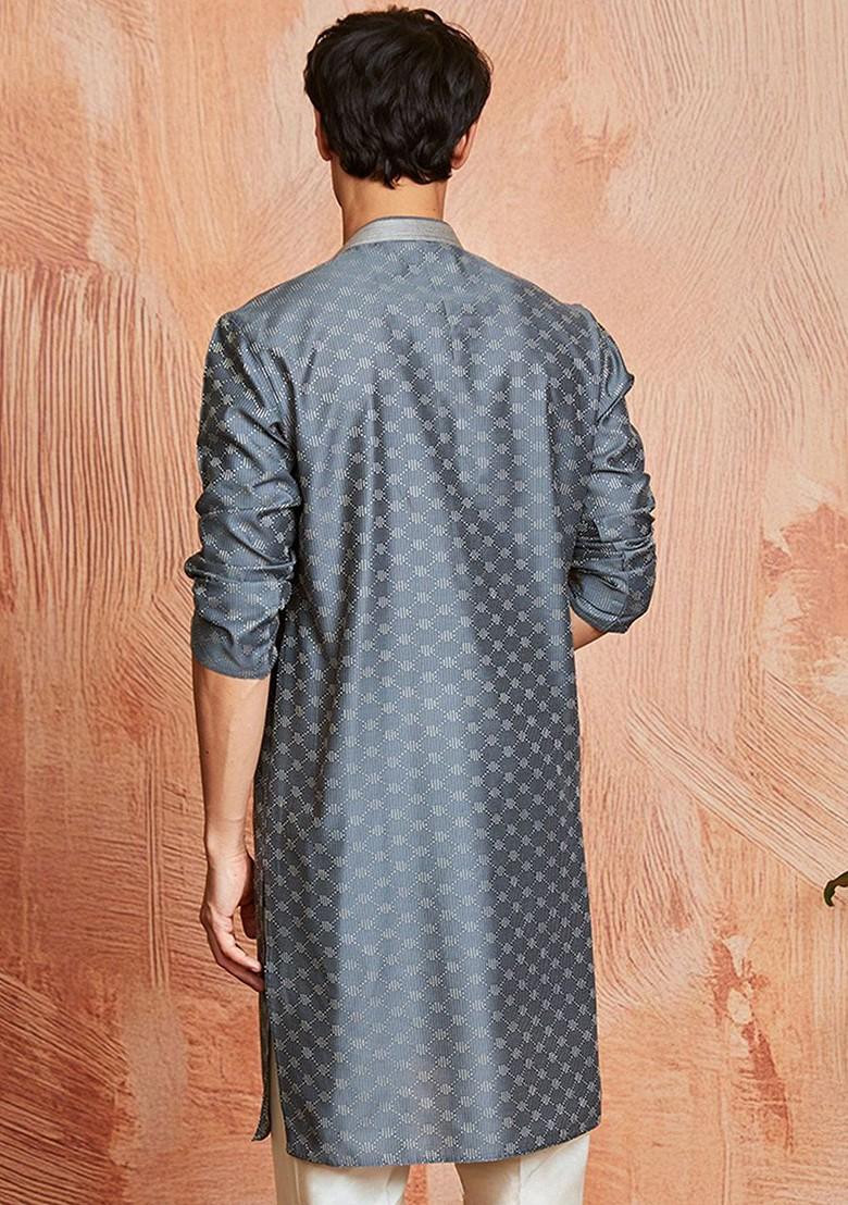 Grey Geometric Print Silk Kurta For Men
