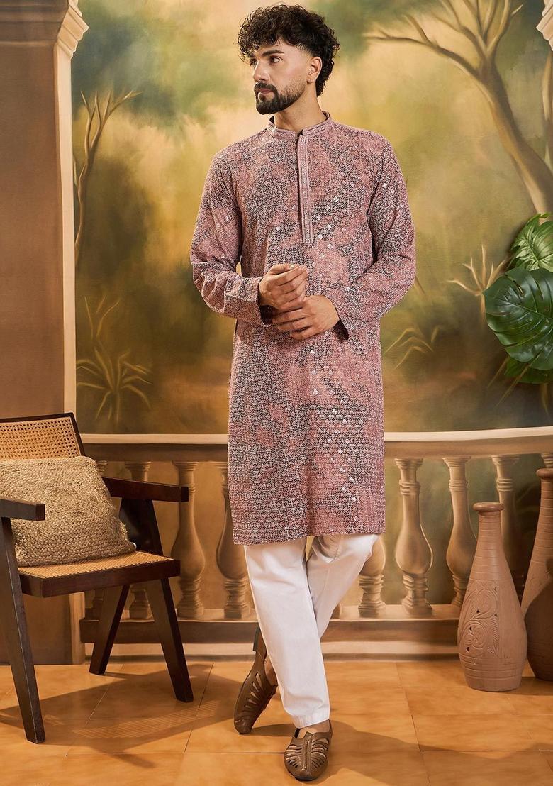 Brown Embroidered Viscose Kurta For Men - Indya