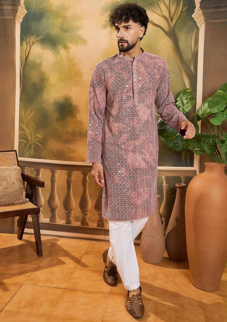 Brown Embroidered Viscose Kurta For Men - Indya