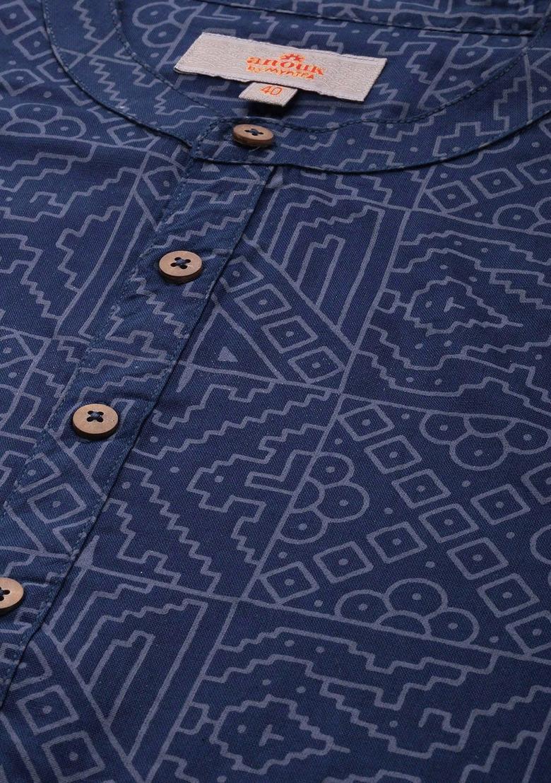 Blue Printed Cotton Kurta For Men - Indya