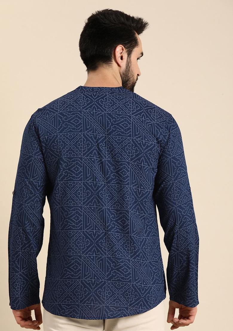 Blue Printed Cotton Kurta For Men - Indya
