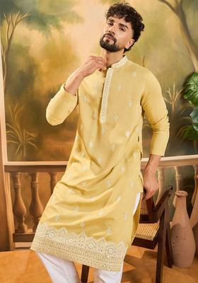Yellow Embroidered Blended Kurta For Men