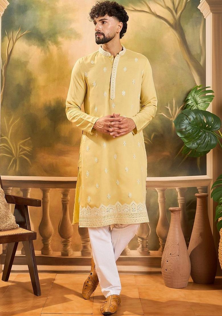 Yellow Embroidered Blended Kurta For Men - Indya