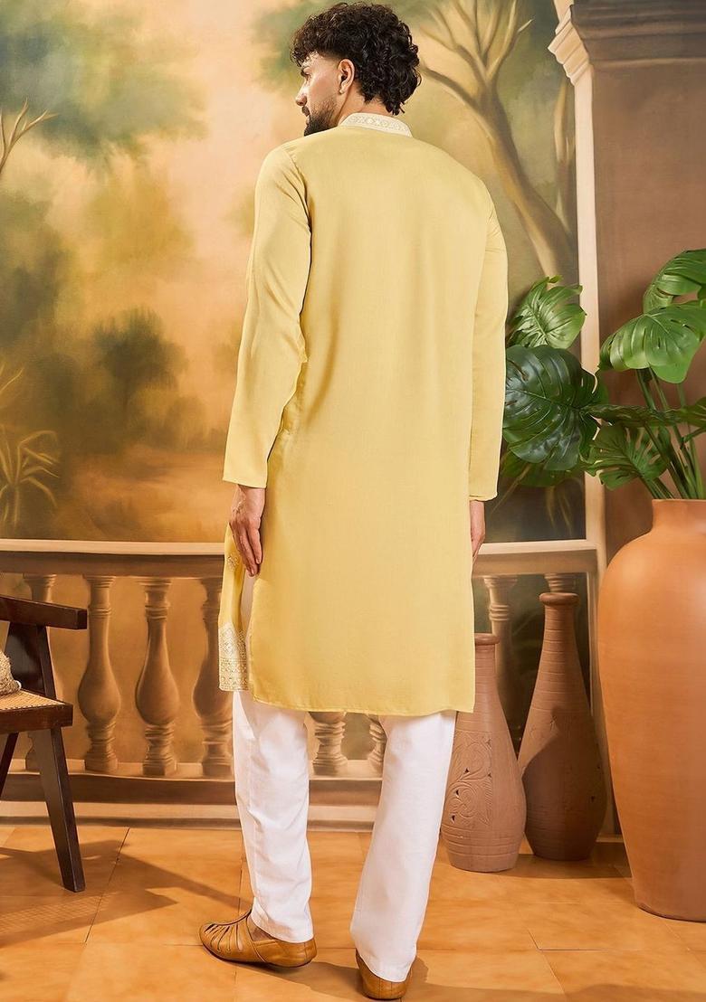 Yellow Embroidered Blended Kurta For Men - Indya