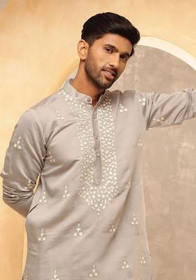 Grey Embroidered Silk Kurta For Men