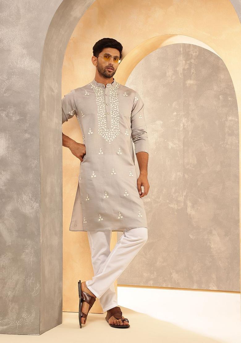 Grey Embroidered Silk Kurta For Men - Indya