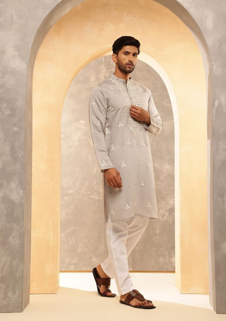 Grey Embroidered Silk Kurta For Men - Indya