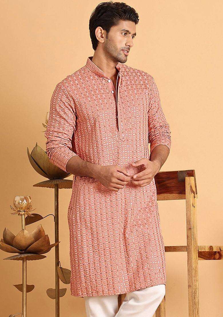 Peach Embroidered Viscose Kurta For Men - Indya