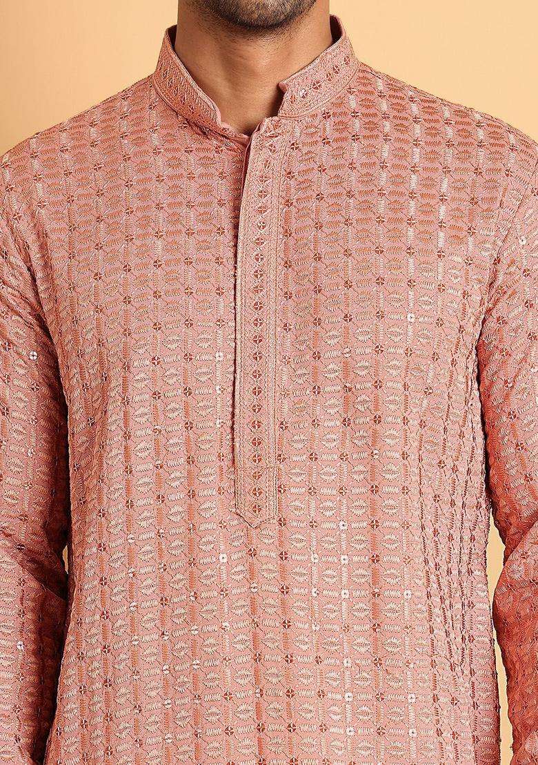 Peach Embroidered Viscose Kurta For Men - Indya