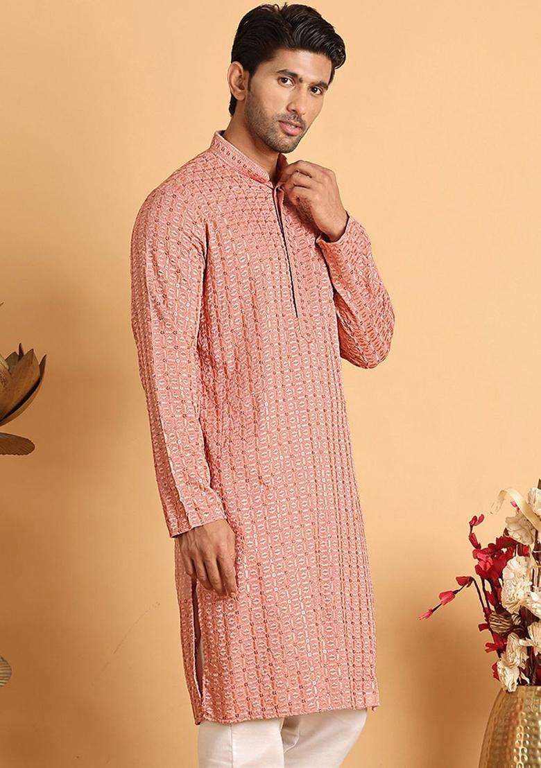 Peach Embroidered Viscose Kurta For Men - Indya