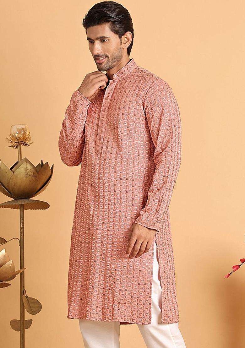 Peach Embroidered Viscose Kurta For Men - Indya