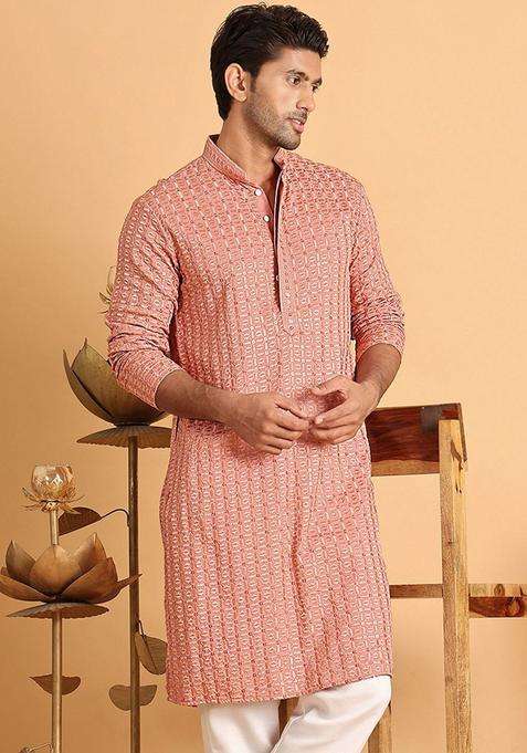 Peach Embroidered Viscose Kurta For Men