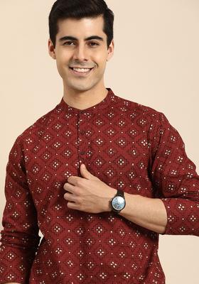Red Printed Cotton Kurta For Men