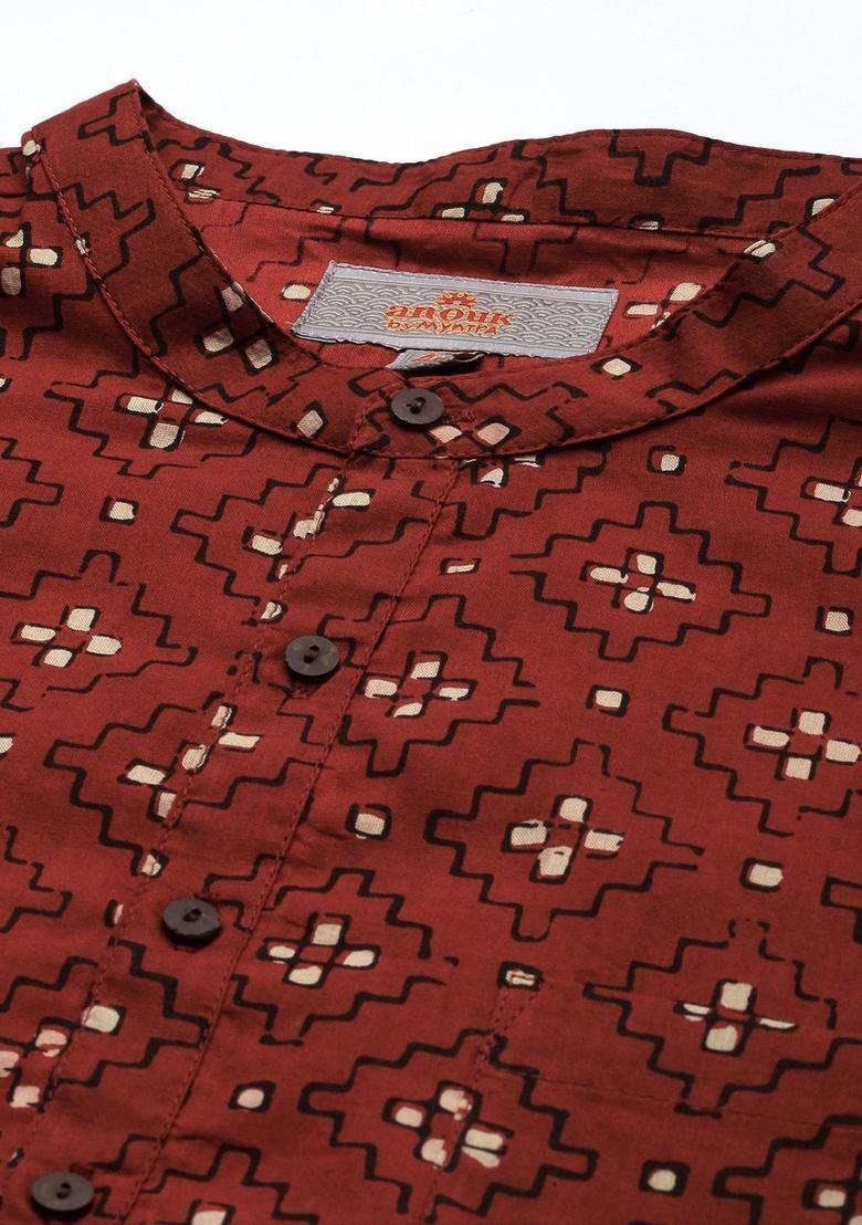 Red Printed Cotton Kurta For Men - Indya
