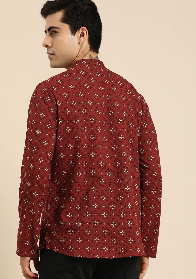 Red Printed Cotton Kurta For Men - Indya
