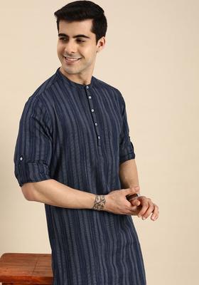 Blue Striped Polyester Kurta For Men
