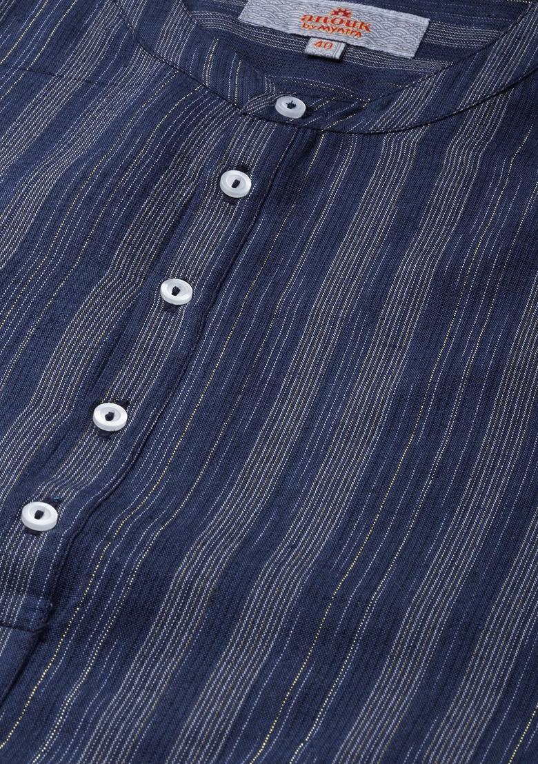 Blue Striped Polyester Kurta For Men - Indya