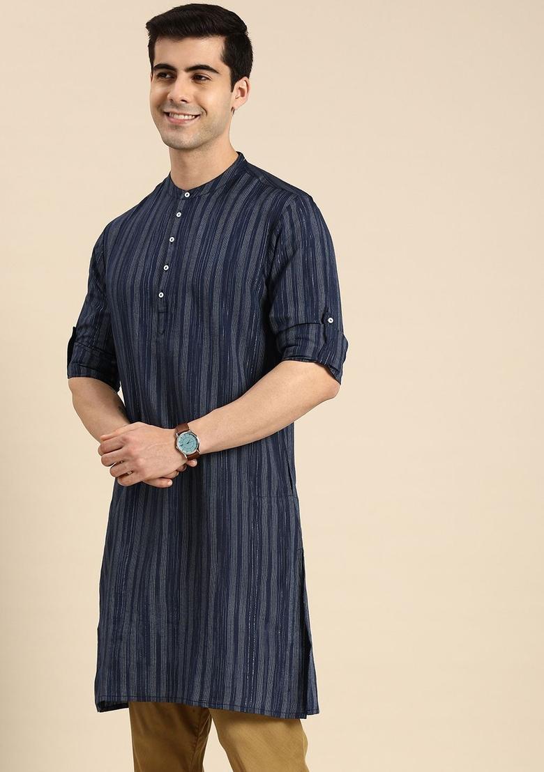 Blue Striped Polyester Kurta For Men - Indya