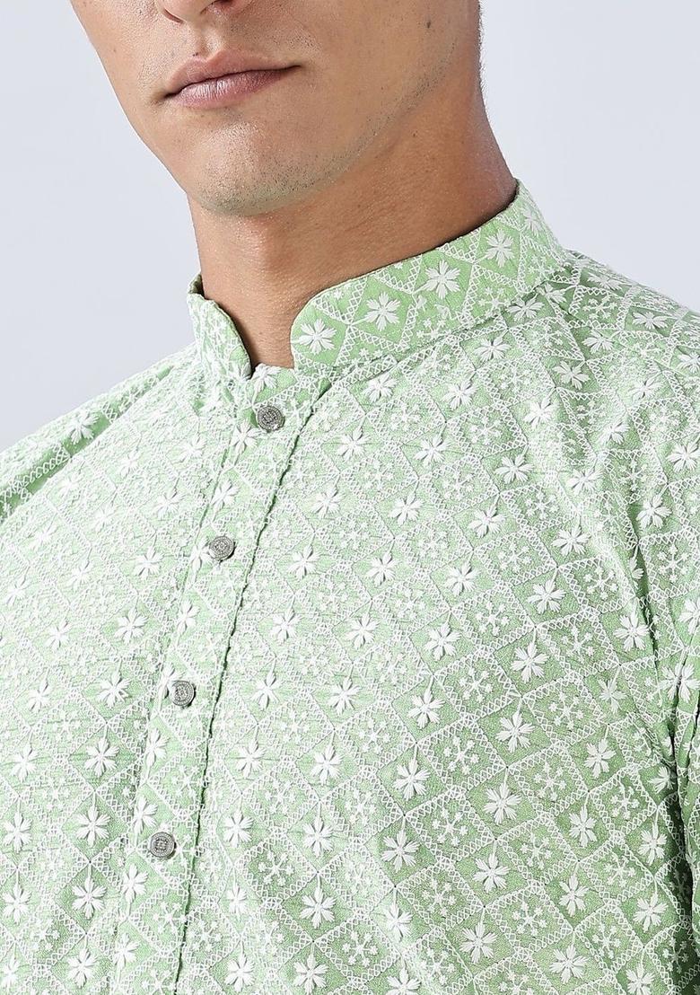 Green Woven Design Cotton Kurta For Men - Indya