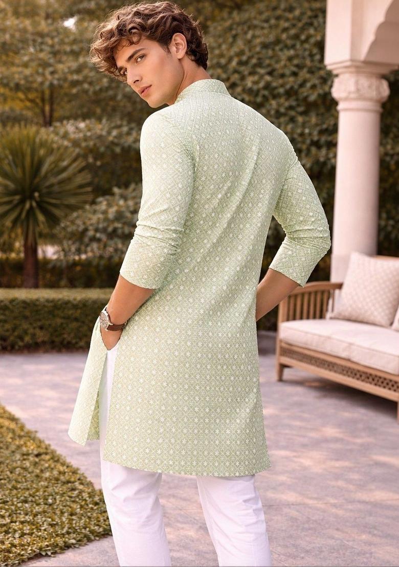 Green Woven Design Cotton Kurta For Men - Indya