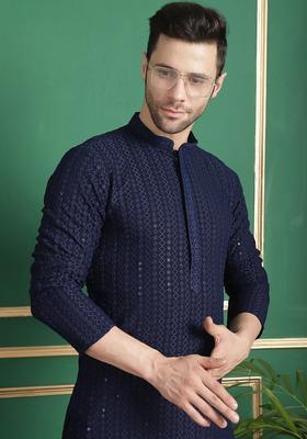 Blue Woven Design Viscose Kurta For Men