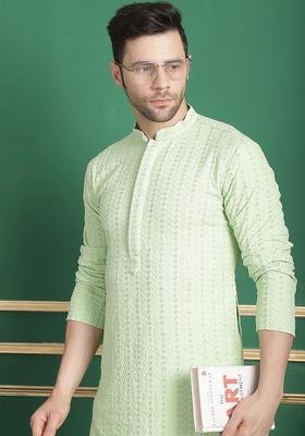 Green Woven Design Viscose Kurta For Men