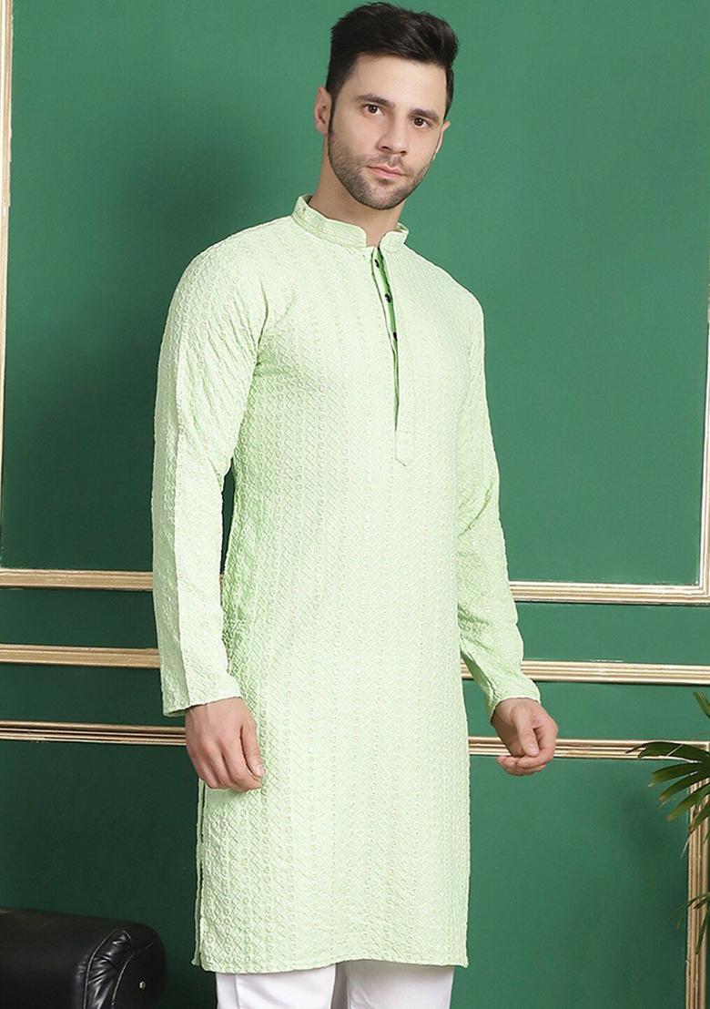 Green Woven Design Viscose Kurta For Men - Indya