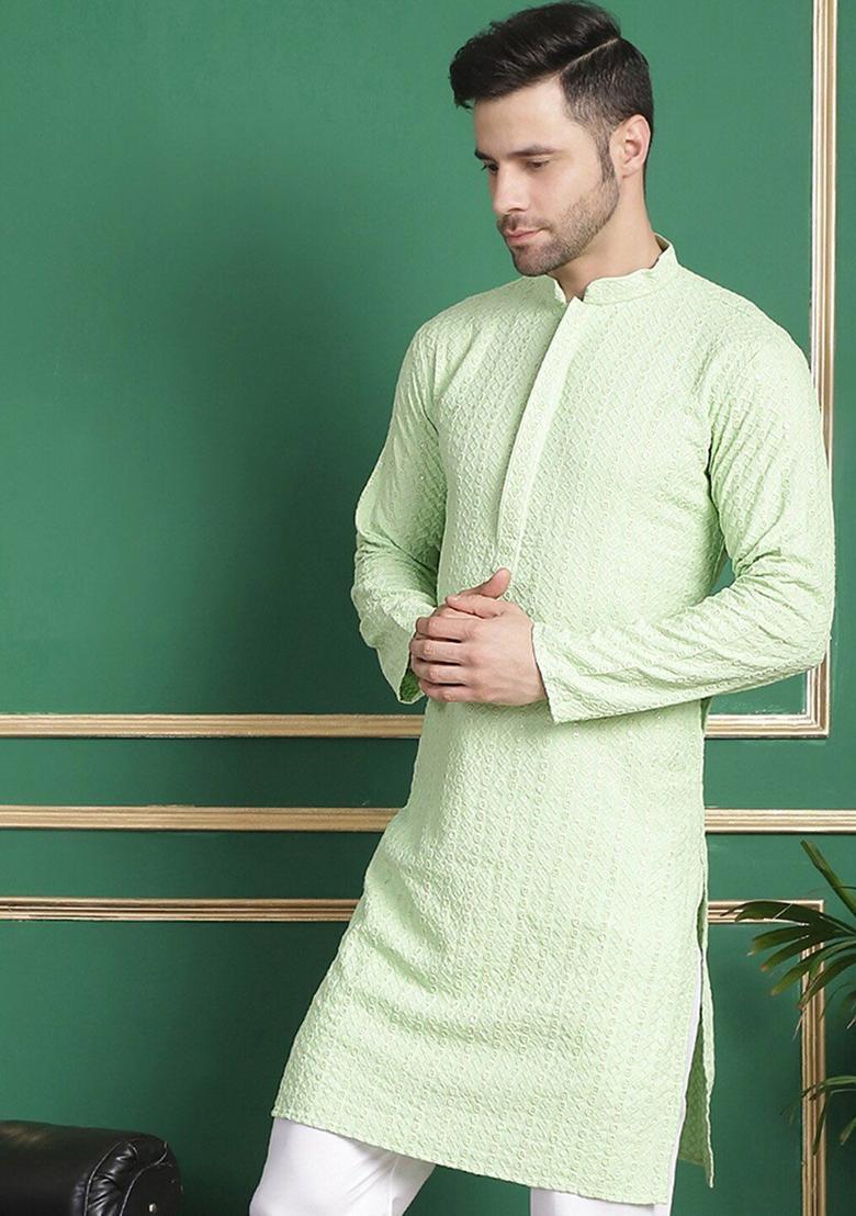 Green Woven Design Viscose Kurta For Men - Indya