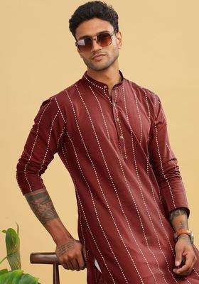 Maroon Striped Cotton Kurta For Men