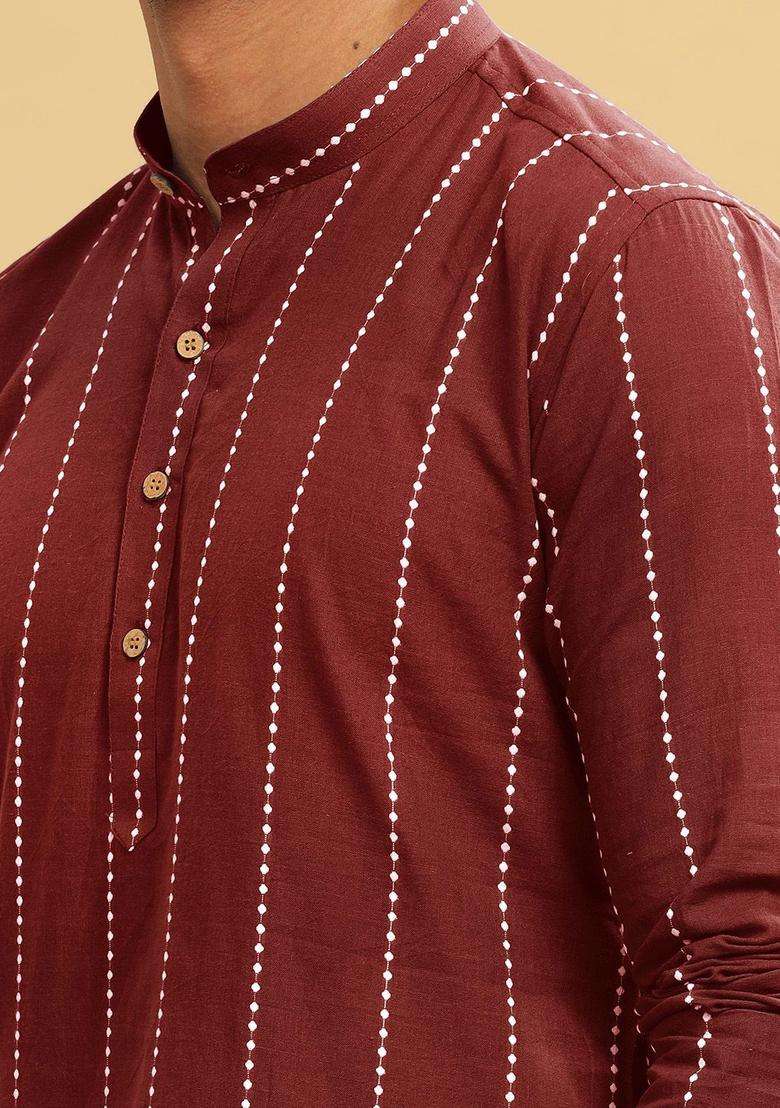 Maroon Striped Cotton Kurta For Men - Indya