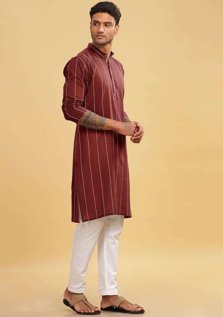 Maroon Striped Cotton Kurta For Men - Indya