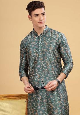 Green Printed Blended Kurta For Men