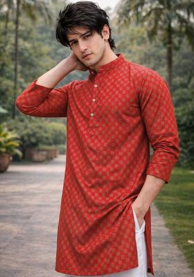 Red Printed Cotton Kurta For Men