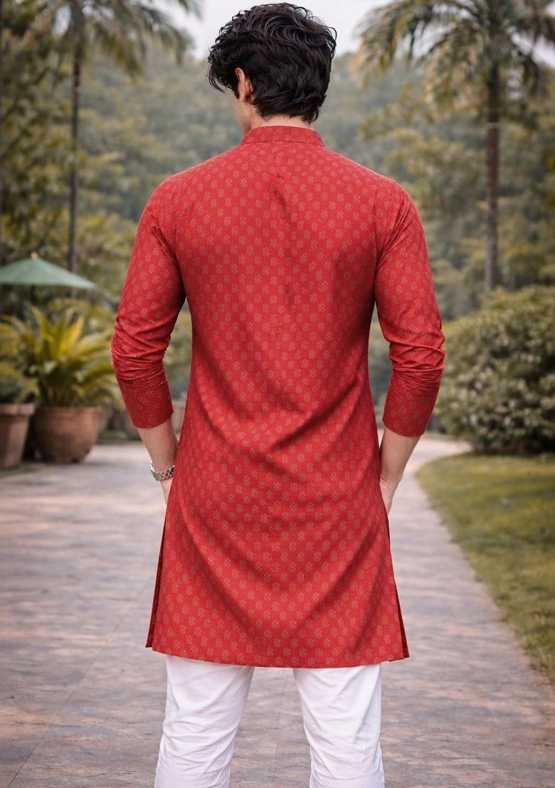 Red Printed Cotton Kurta For Men - Indya
