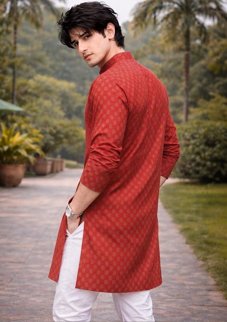 Red Printed Cotton Kurta For Men - Indya