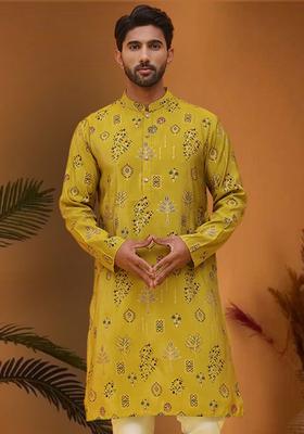 Yellow Printed Silk Kurta For Men