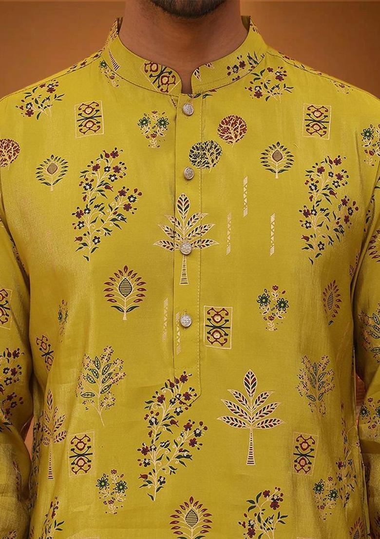 Yellow Printed Silk Kurta For Men - Indya