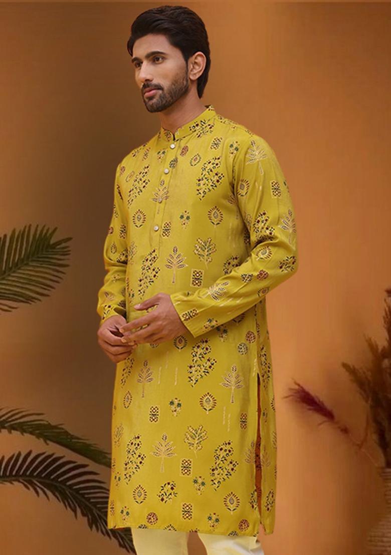 Yellow Printed Silk Kurta For Men - Indya