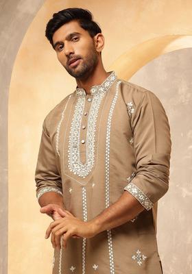 Brown Embroidered Silk Kurta For Men
