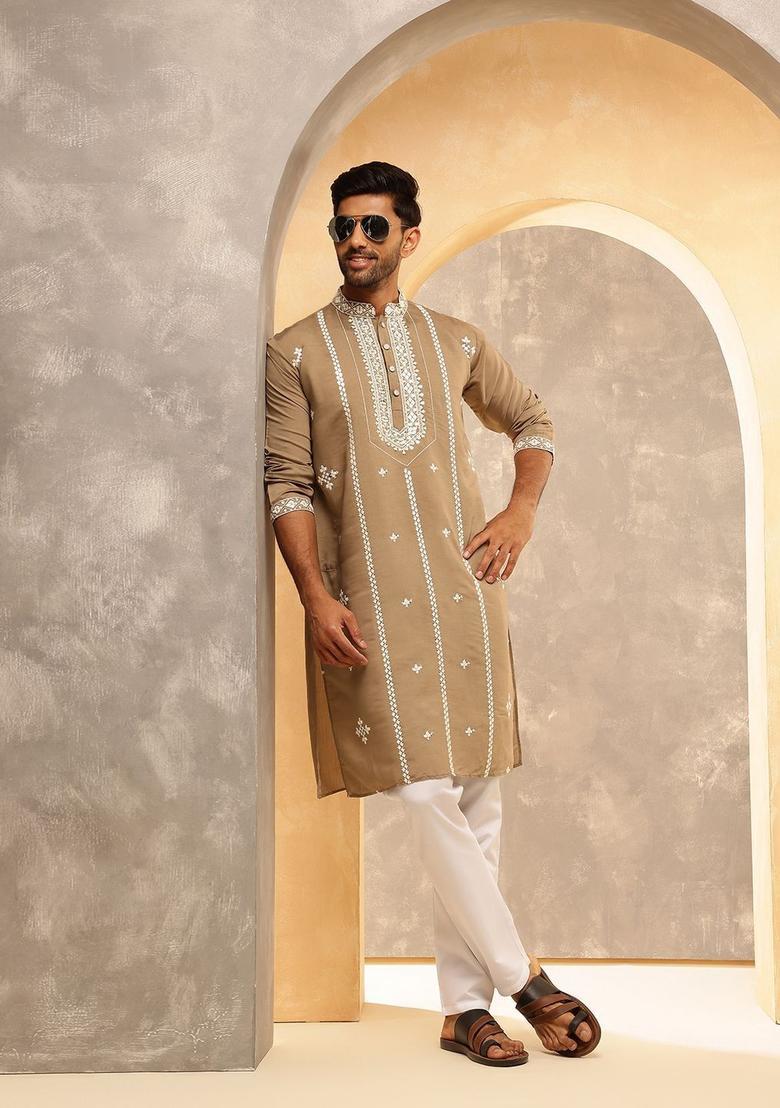 Brown Embroidered Silk Kurta For Men - Indya