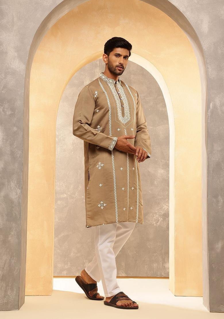 Brown Embroidered Silk Kurta For Men - Indya