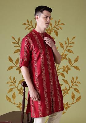 Red Printed Polyester Kurta For Men