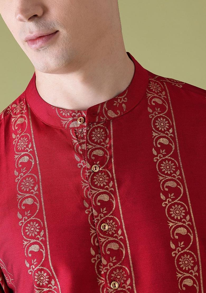 Red Printed Polyester Kurta For Men - Indya